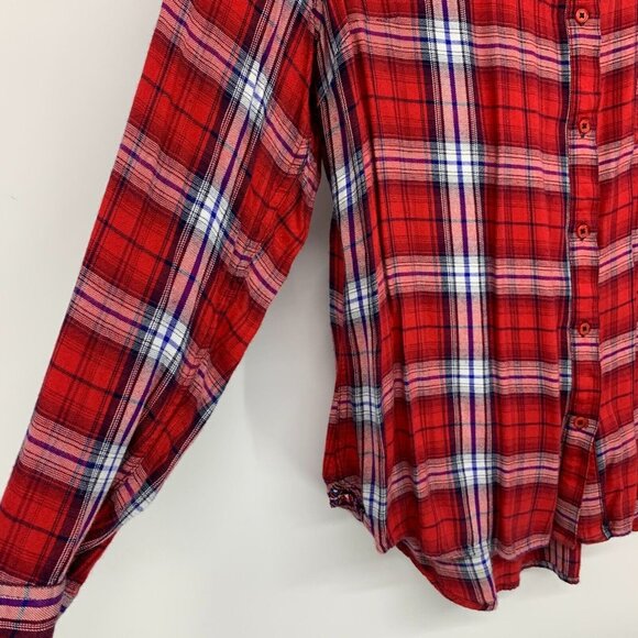 Como Vintage Top Red Plaid Button Down Roll Tab Long Sleeve Shirt - Picture 4 of 11